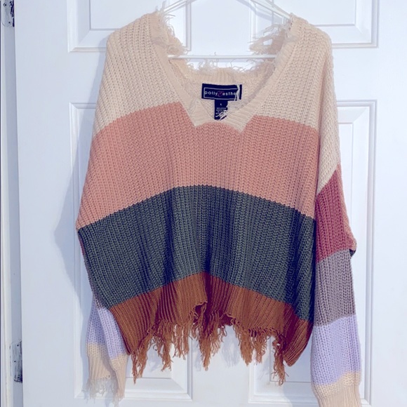 Polly Esther Striped Distressed Sweater 